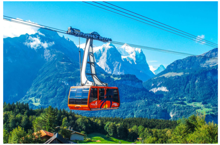 Cable car suspended from an overhead line.